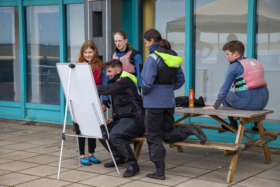 Instructor instructing with a whiteboard onshore with young adults