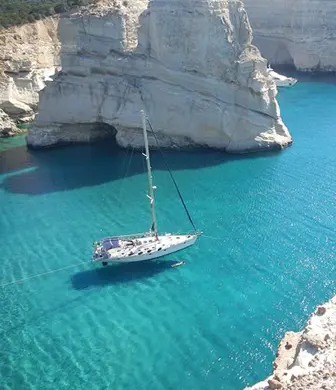 An aerial picture of a yacht moored in a beautiful lagoon