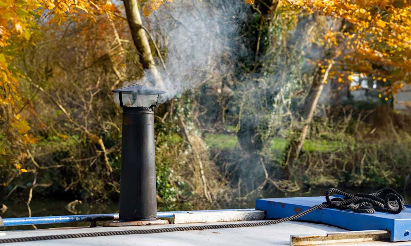 chimney of narrowboat on a winters day 