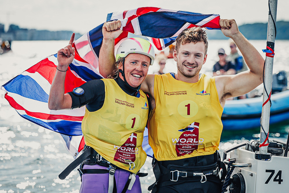 Emma Wilson and Andy Brown celebrate iQFOiL World Championship gold