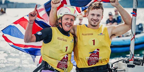 Emma Wilson and Andy Brown celebrate iQFOiL World Championship gold