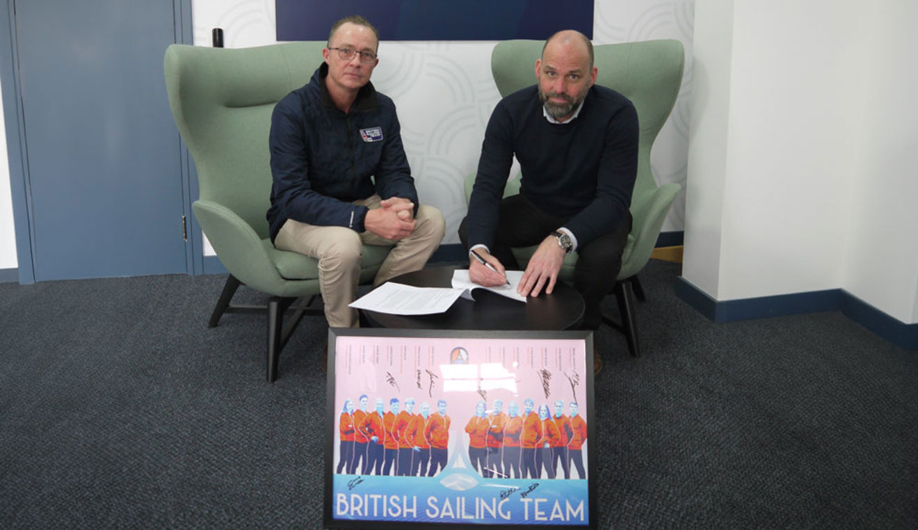 Paul Honess, Marlow Leisure Marine Director signing the British Sailing Team Sponsorship Contract April 2025.  