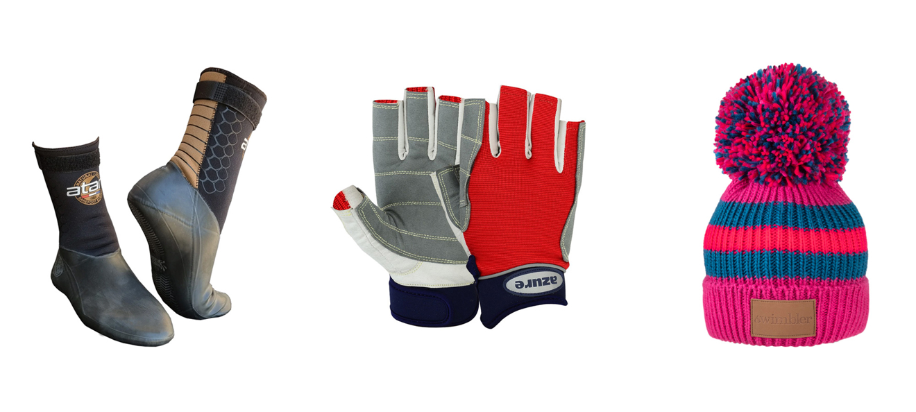 (l to r) Atan Gecko Wetsuit Boots from the OTC; Azure Sailing Gloves; Swimbler waterproof bobblehats