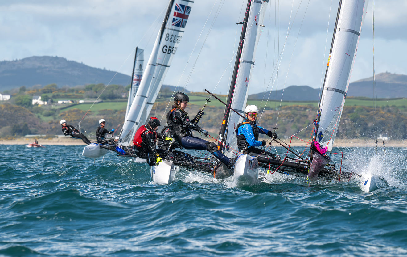 Nacra 15s racing at the RYA Youth Nationals 2026. Credit RYA/PKC Media