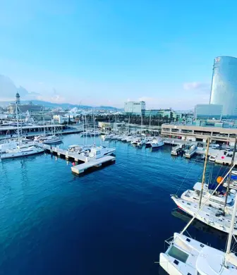 A semi-aerial view of yachts moored in Barcelona Marina