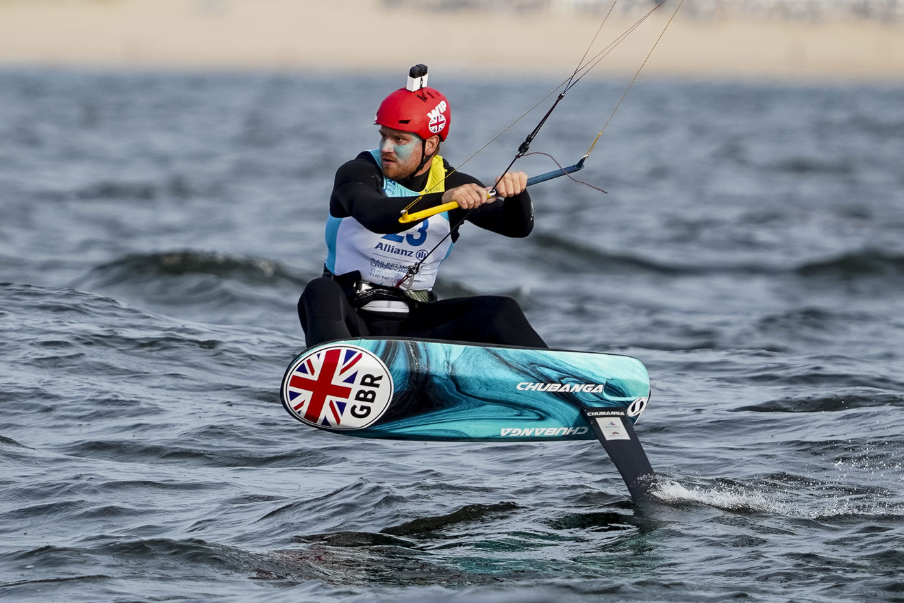 	An image of Connor Bainbridge the Leading rider drafting in the sea.