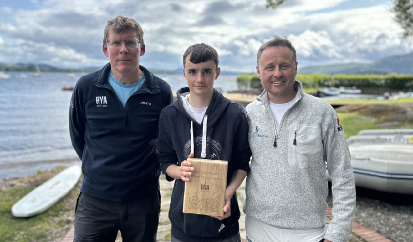 Finlay Davidson pictured with RYA Scotland CEO Finlo Cottier, and RYA Scotland Performance Committee Chair Duncan Hepplewhite
