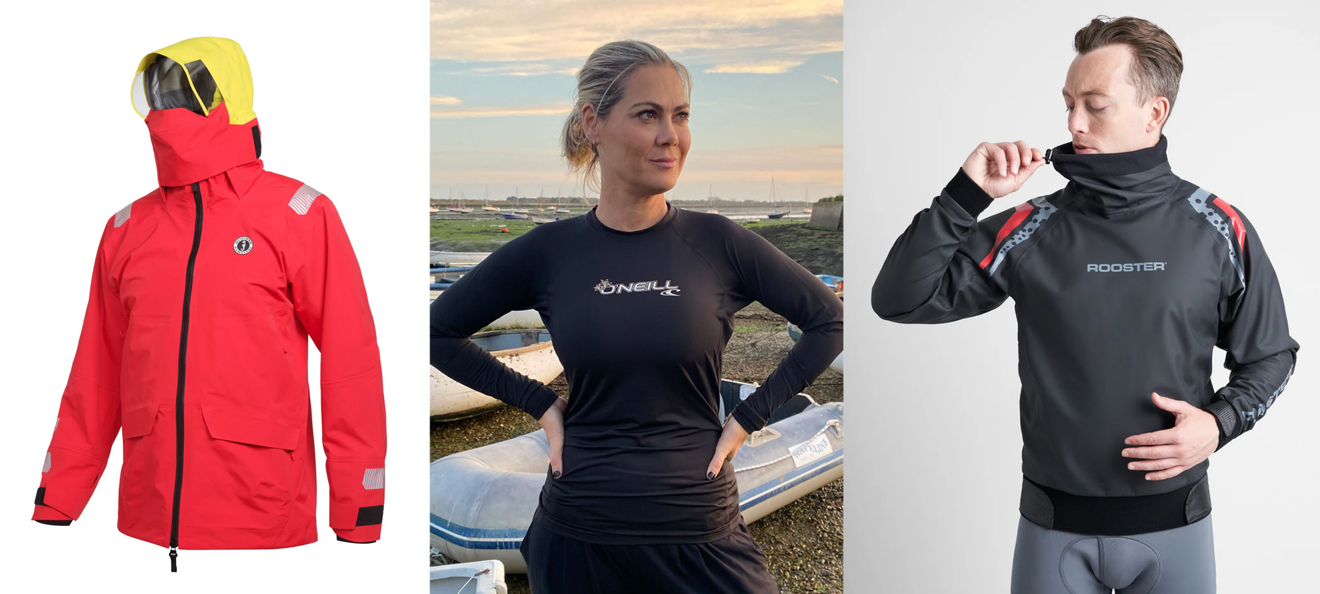 (l to r) the Mustang Survival Meris Waterproof Jacket; reclaimed charity rash vests from the Final Straw Foundation; Rooster's Pro Aquafleece