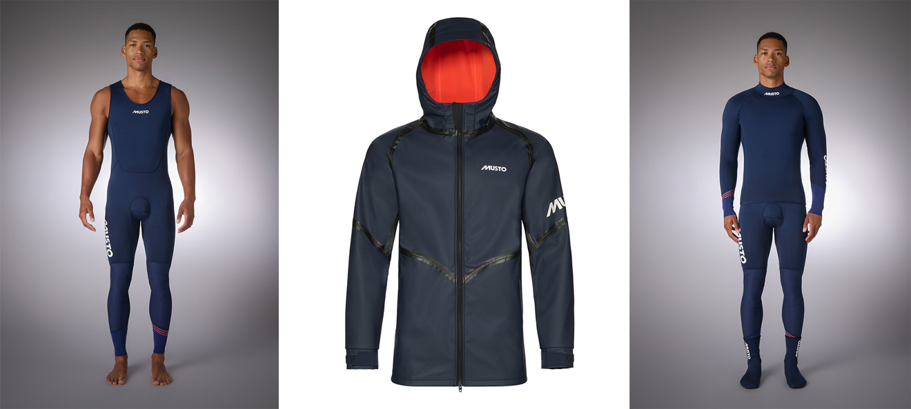 (l to r) Musto's Championship 3mm Body Mapped Long John, Championship Acqua Hoodie Jacket and Championship Acqua Hoodie Jacket 