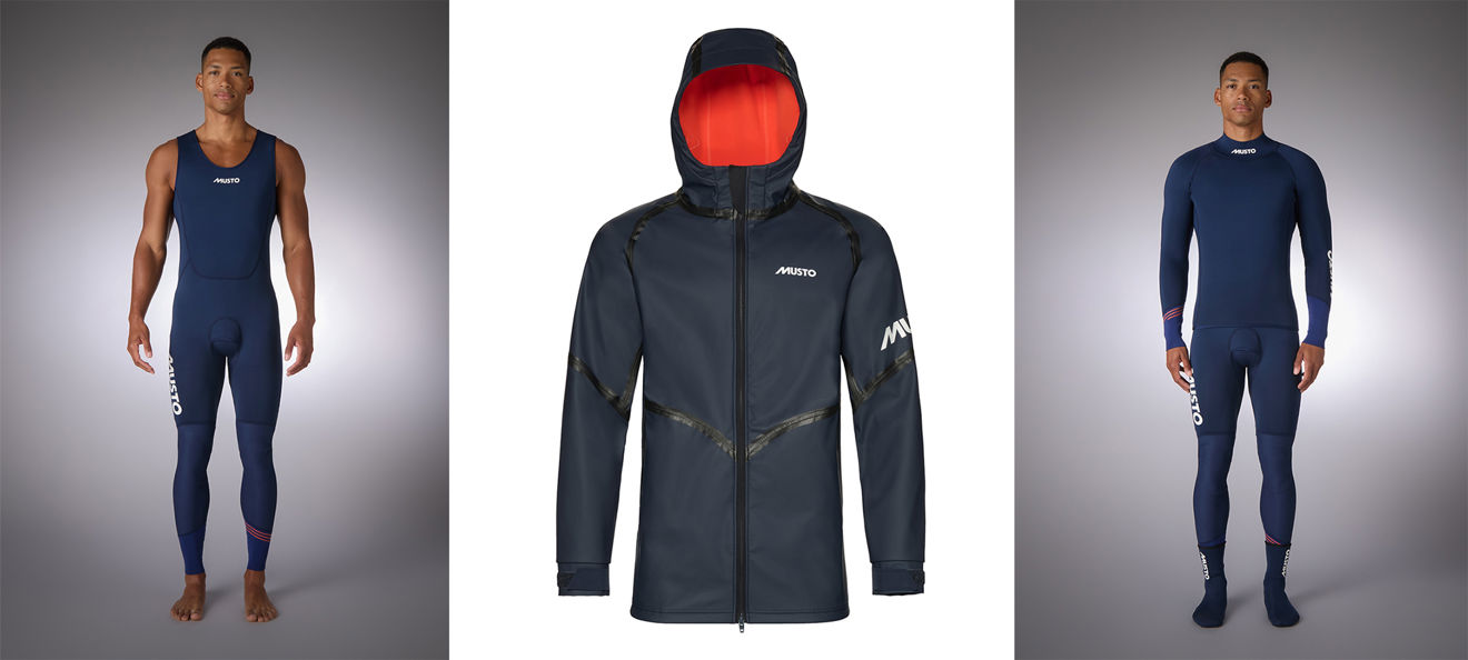 (l to r) Musto's Championship 3mm Body Mapped Long John, Championship Acqua Hoodie Jacket and Championship Acqua Hoodie Jacket 
