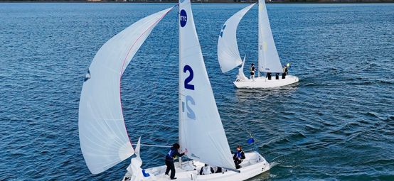 Two Sonar keelboats in close competition at the RYA Schools National Match Racing Championship 2025-26 (c) Freddie Cardew-Smith