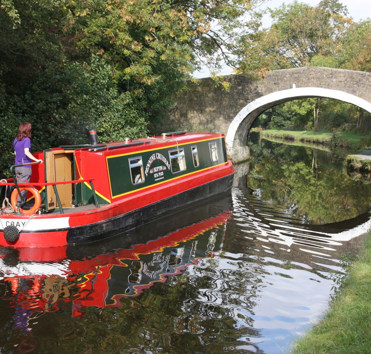 narrowboat travel through a bridge on inland waterways