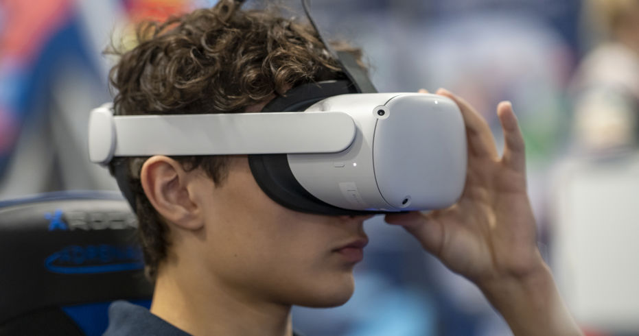Close up of boy with VR headset on at the Dinghy show