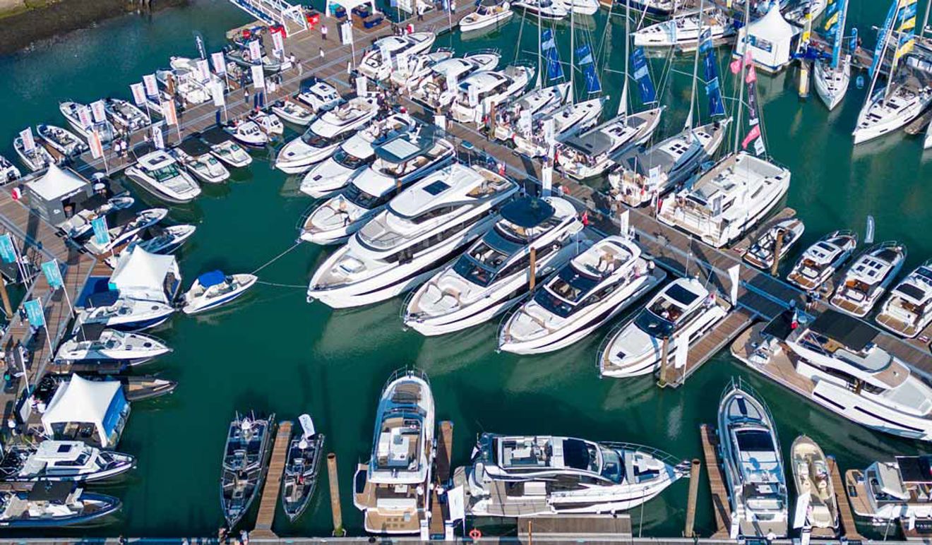 establishing shot of power boats at the southampton boat show 2024