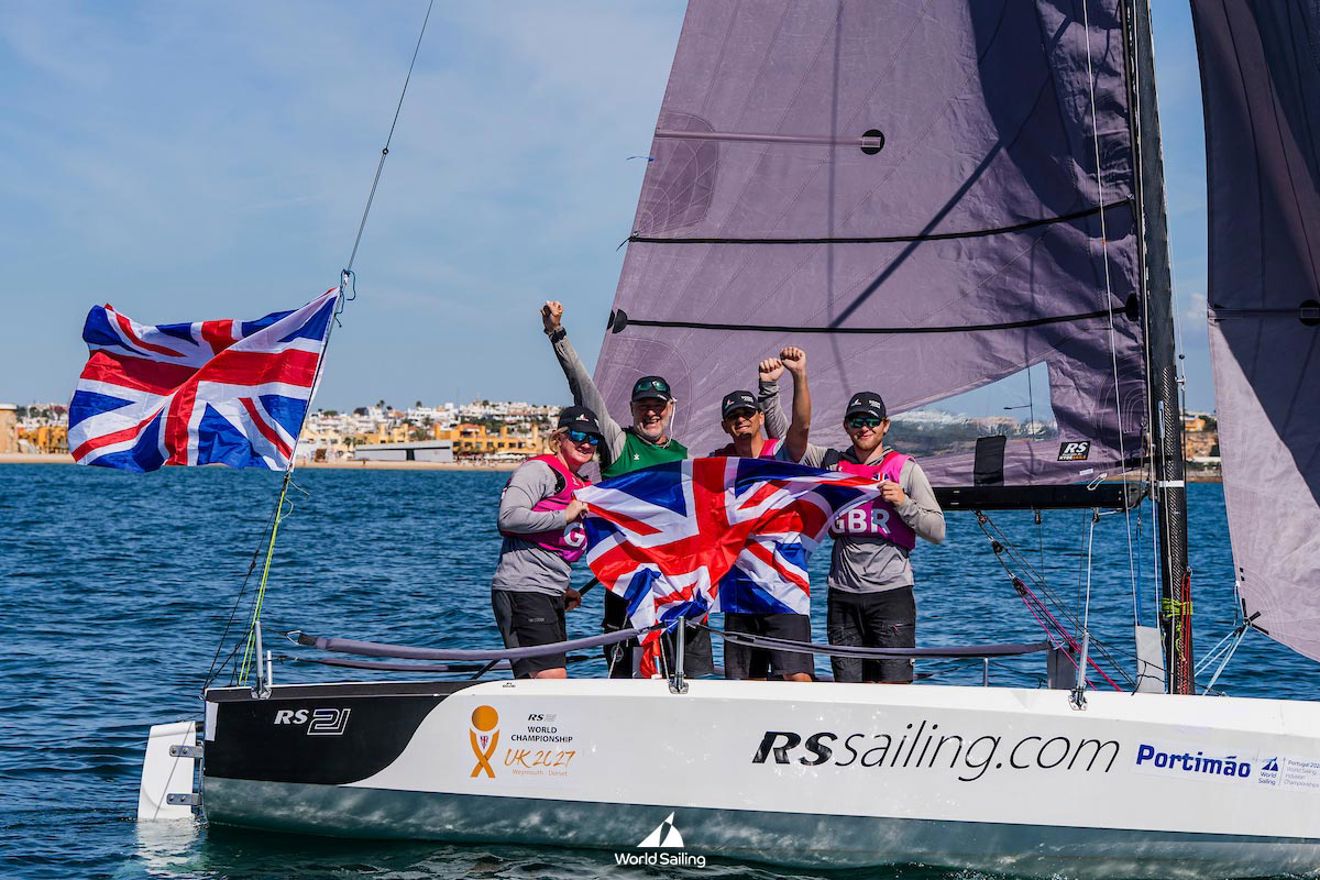 Great Britain’s Lucy Hodges, Jamie Tylecote, Liam Cattermole and Steve Tylecote, image credits Goncalo Melo/World Sailing