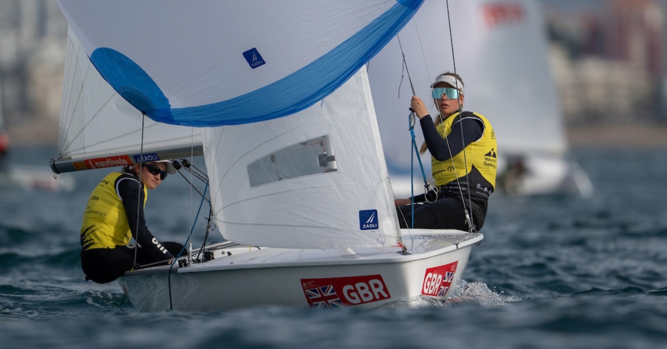 Sabine Potter and Merle Nieuwland racing in the 420 female two-person class at the Youth Sailing World Championships © 2025 Prow Media / World Sailing
