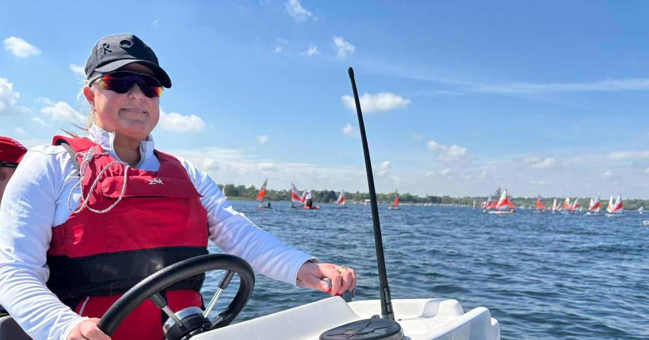 RYA Cymru Wales chair Sian Reynolds using one of the new VSRs to support sailors at the Eric Twiname Junior Championships 2026.