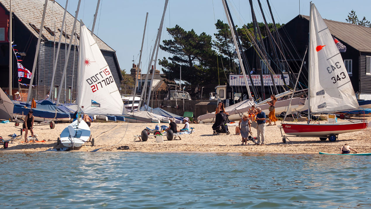view from the water of the shore with various different boats and boards
