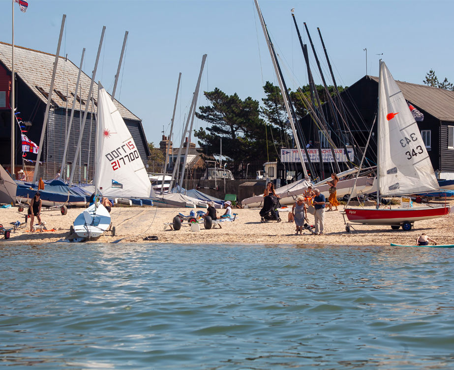 view from the water of the shore with various different boats and boards