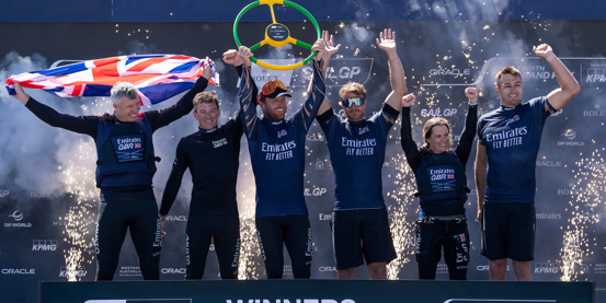 Emirates GBR celebrate victory. Andrew Baker for SailGP.