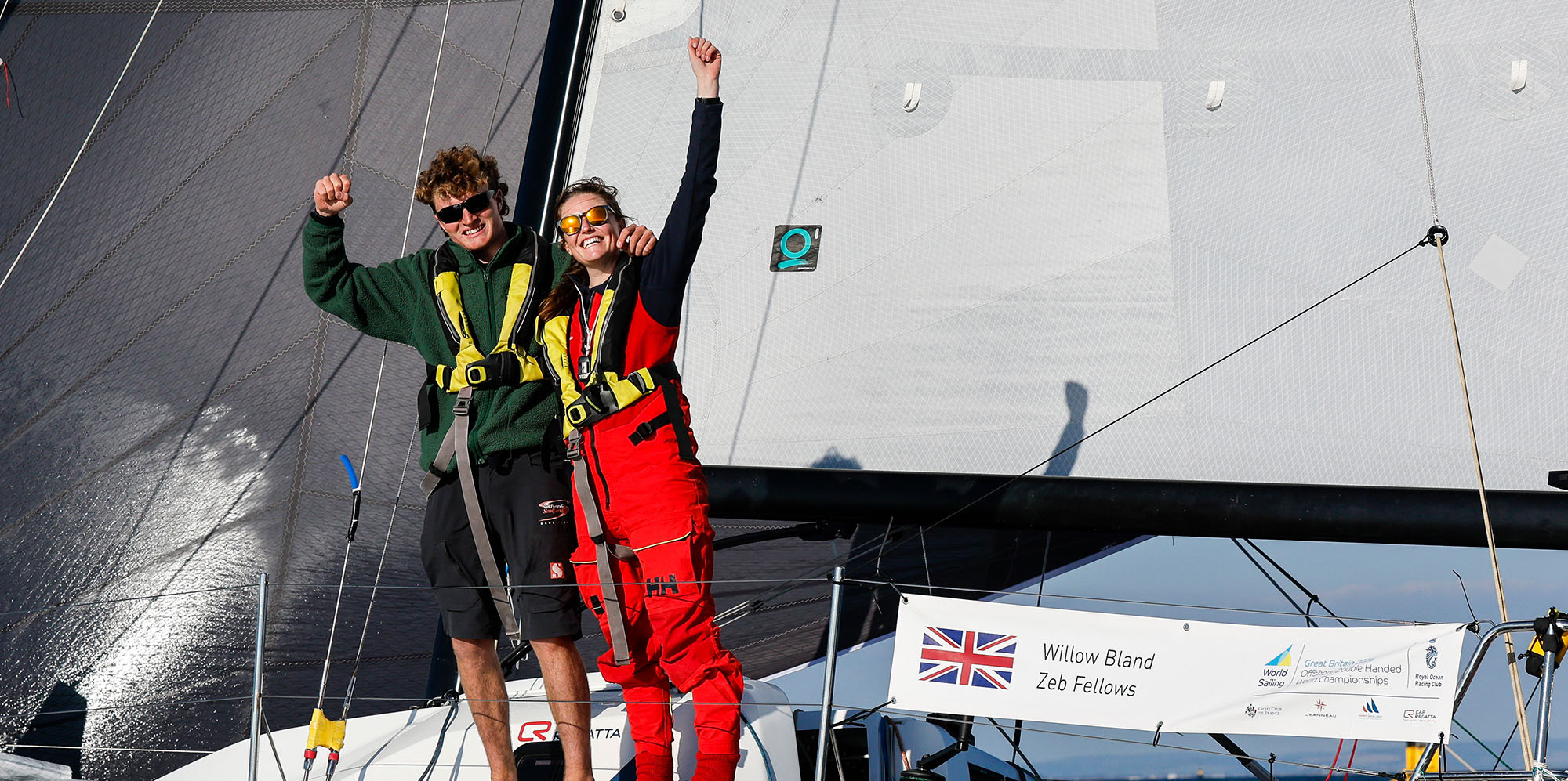 Zeb Fellows and Willow Bland celebrate winning silver at the 2025 Offshore Double Handed World Championships.