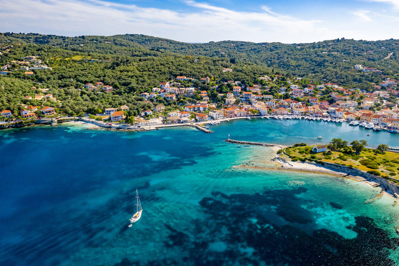 Birds eye view of beautiful town with clear waters on a sunny day